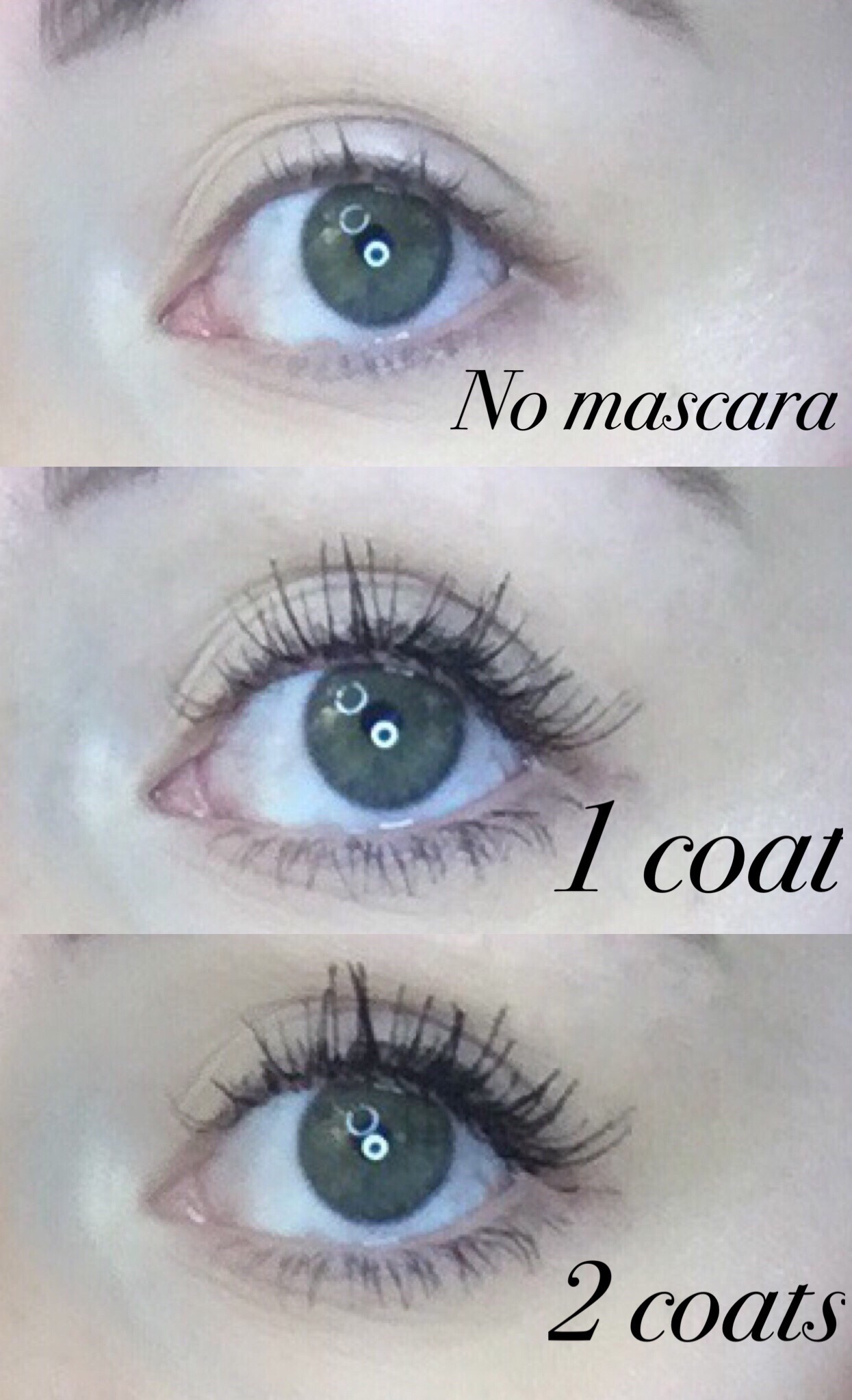 progression of eyelashes after 1 and 2 coats of Too-Faced 'Better than Sex' mascra