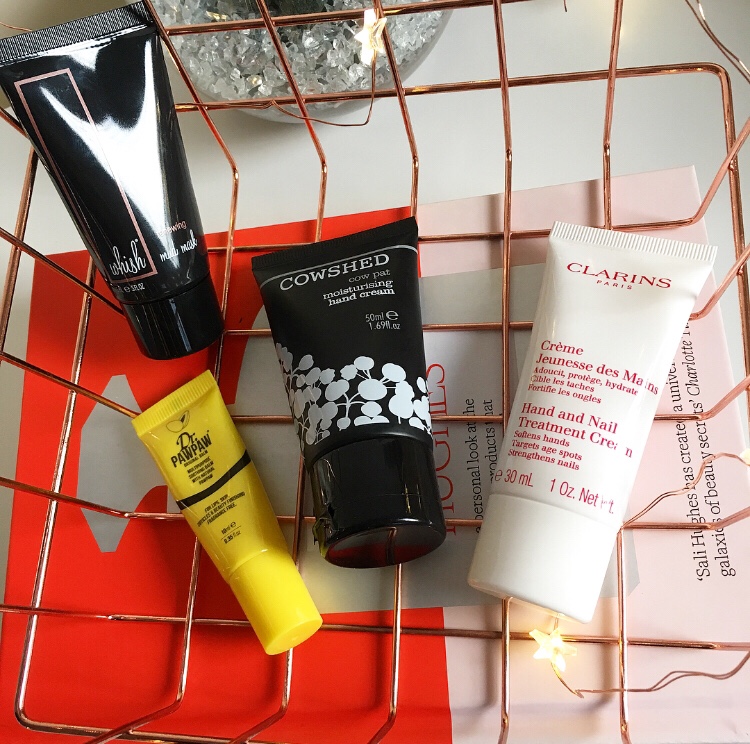 Whish Mud Mask, Dr Paw Paw Original Balm, Cowshed Cow Pat Hand Cream, Clarins Hand & Nail Treatment Cream